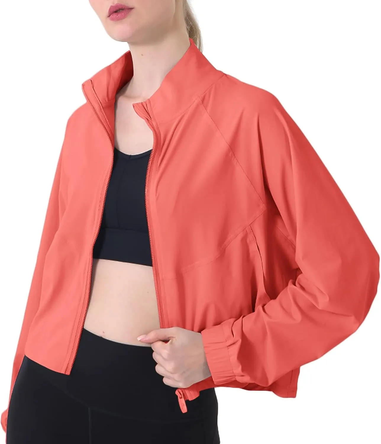 Women's Full Zip Lightweight Jacket Workout High Neck Sun Protection 50  Running Sports Crop Track Top