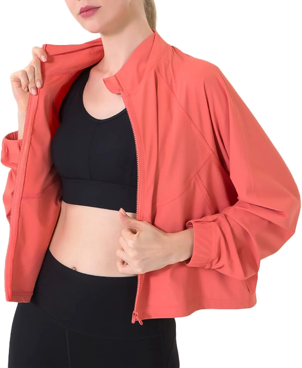 Women's Full Zip Lightweight Jacket Workout High Neck Sun Protection 50  Running Sports Crop Track Top