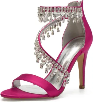 Women's High Heels Sandals Rhinestones Tassel Wedding Shoes for Bride Open Toe Zipper Back Formal Evening Party Dress Pumps