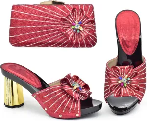 Womens Italian Rhinestone Bow Shoe and Bag Set Crystal Wedding Bride High Heels Sandals Evening Bag with Flower Closure