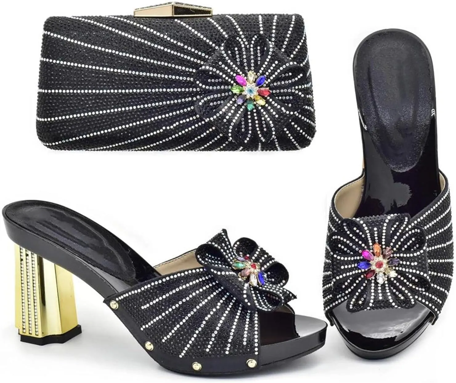 Womens Italian Rhinestone Bow Shoe and Bag Set Crystal Wedding Bride High Heels Sandals Evening Bag with Flower Closure