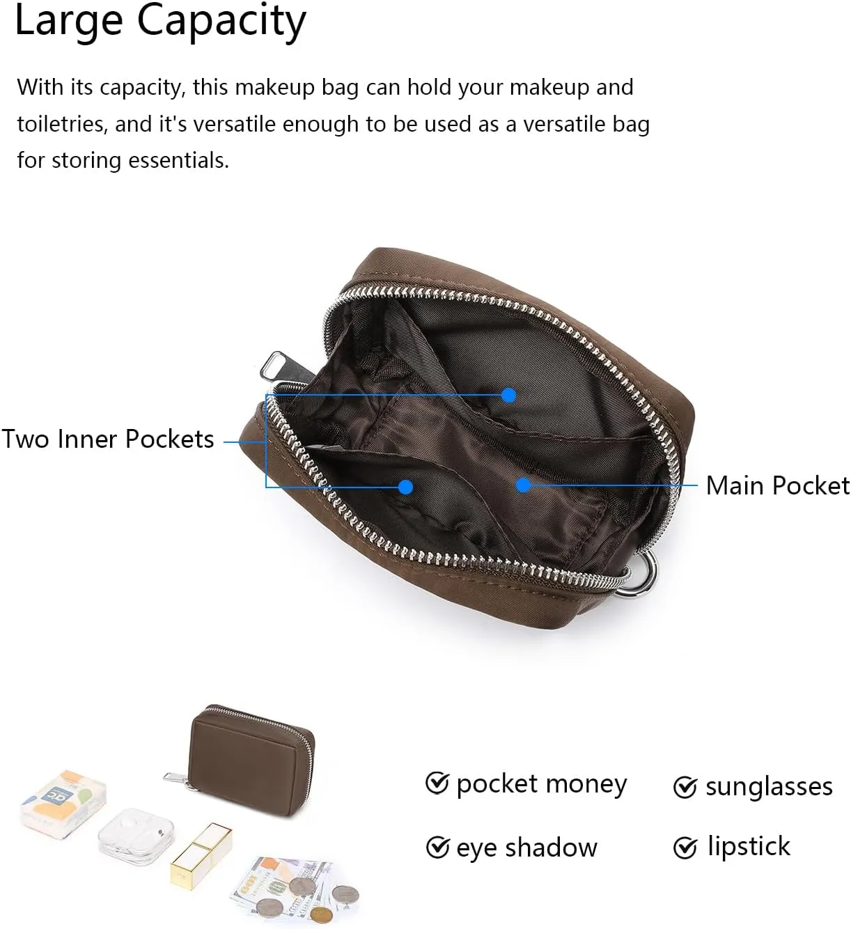 Womens Makeup Bag Wristband Bag Nylon Pouch Lightweight Ideal For Travel And Everyday Use (Nylon/Brown)