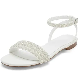 Women's Open Toe Chunky Block Heel Pumps Ankle Buckle Wedding Shoes Pearls Evening Party Dress Shoes Sandals