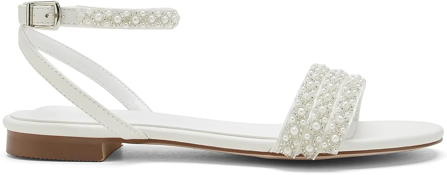 Women's Open Toe Chunky Block Heel Pumps Ankle Buckle Wedding Shoes Pearls Evening Party Dress Shoes Sandals