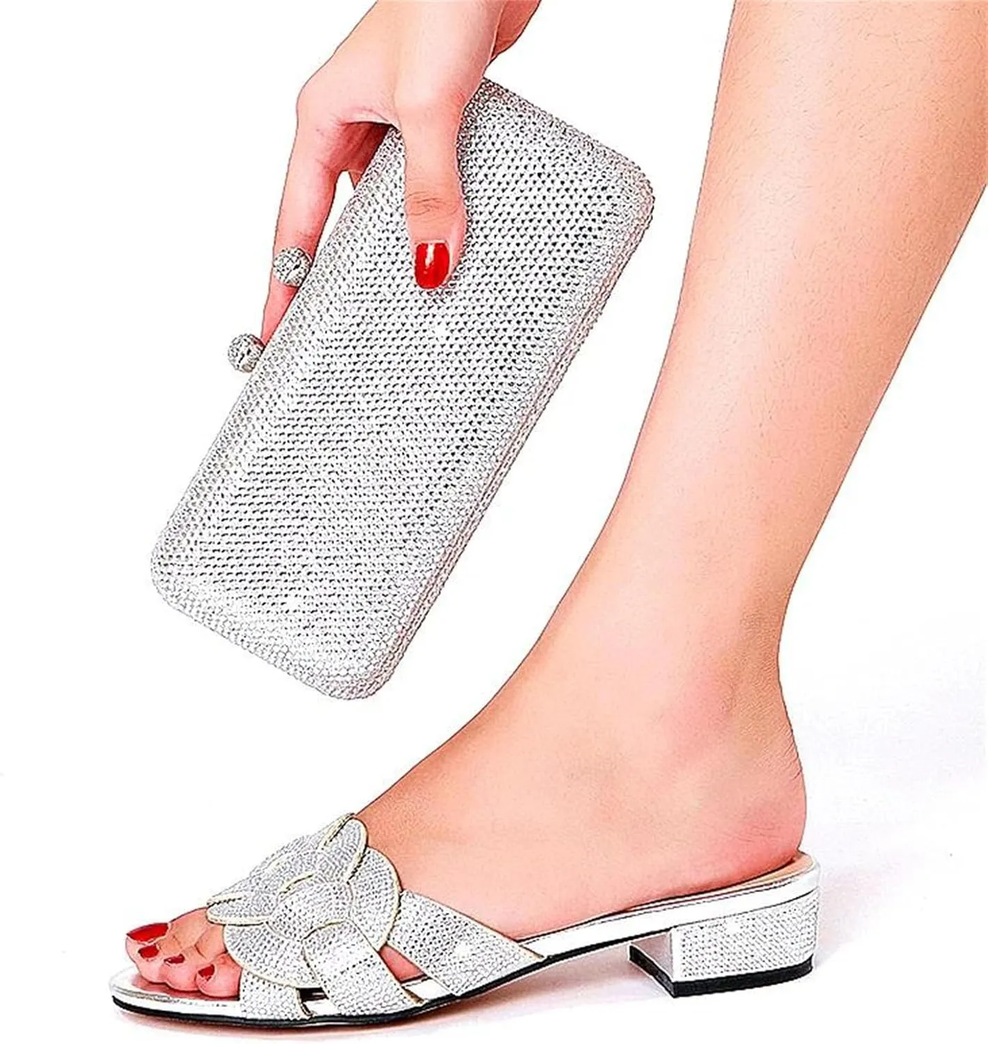 Womens Party Wedding Shoes Bag Set Rhinestone Crystal Decoration Italian Design Plus Size Summer Fashion Slippers
