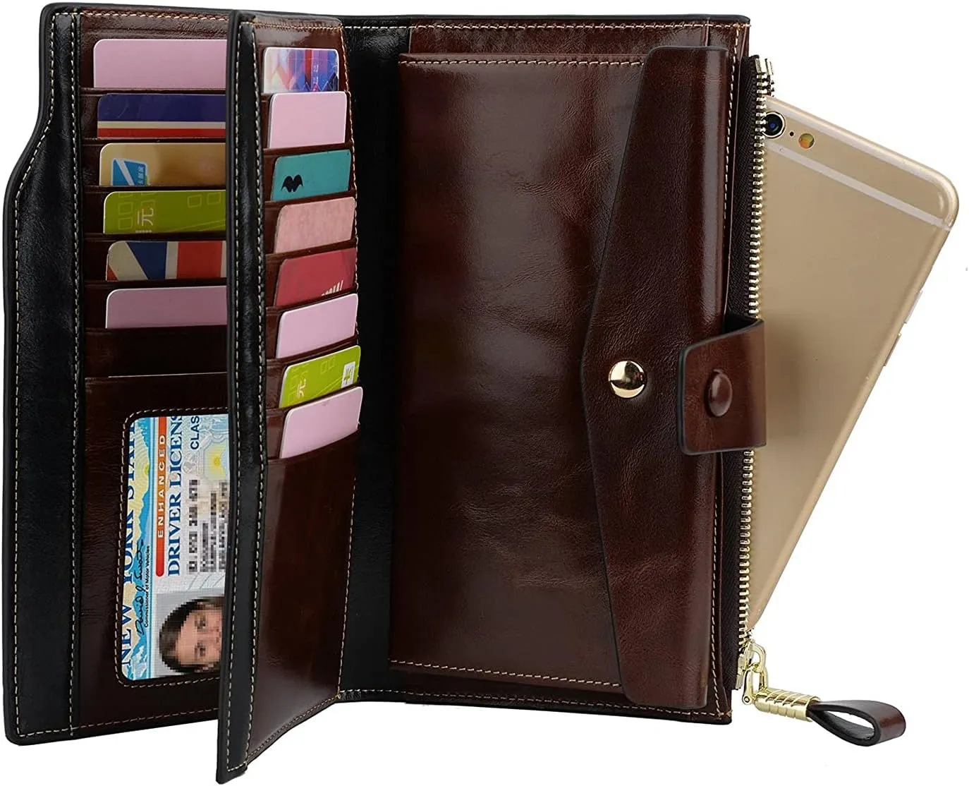 Women's RFID Blocking Wallet, Large Capacity Leather Bifold, 21 Card Slots, Snap Closure, Fits Phone, Card Holder