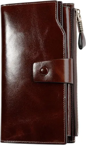 Women's RFID Blocking Wallet, Large Capacity Leather Bifold, 21 Card Slots, Snap Closure, Fits Phone, Card Holder