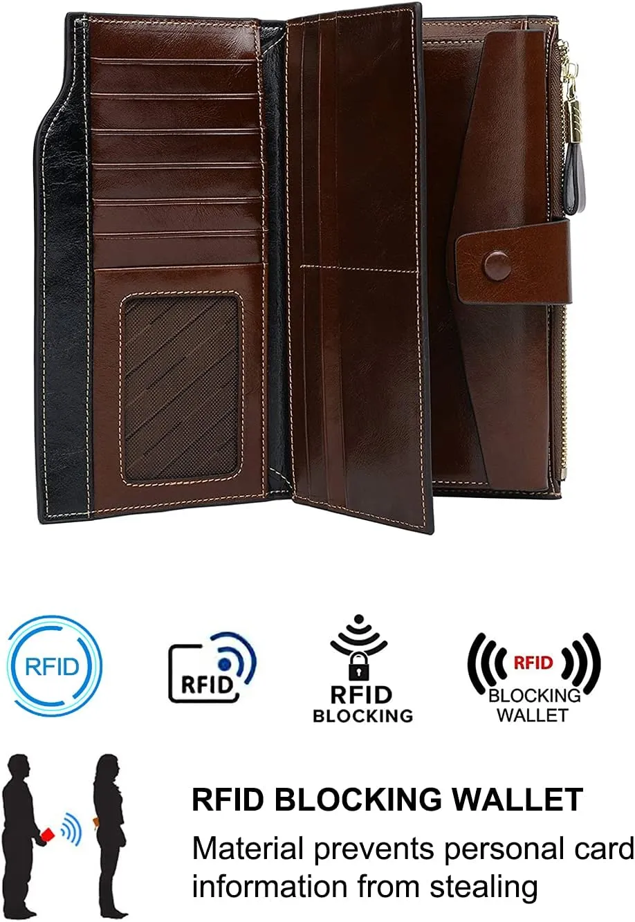 Women's RFID Blocking Wallet, Large Capacity Leather Bifold, 21 Card Slots, Snap Closure, Fits Phone, Card Holder
