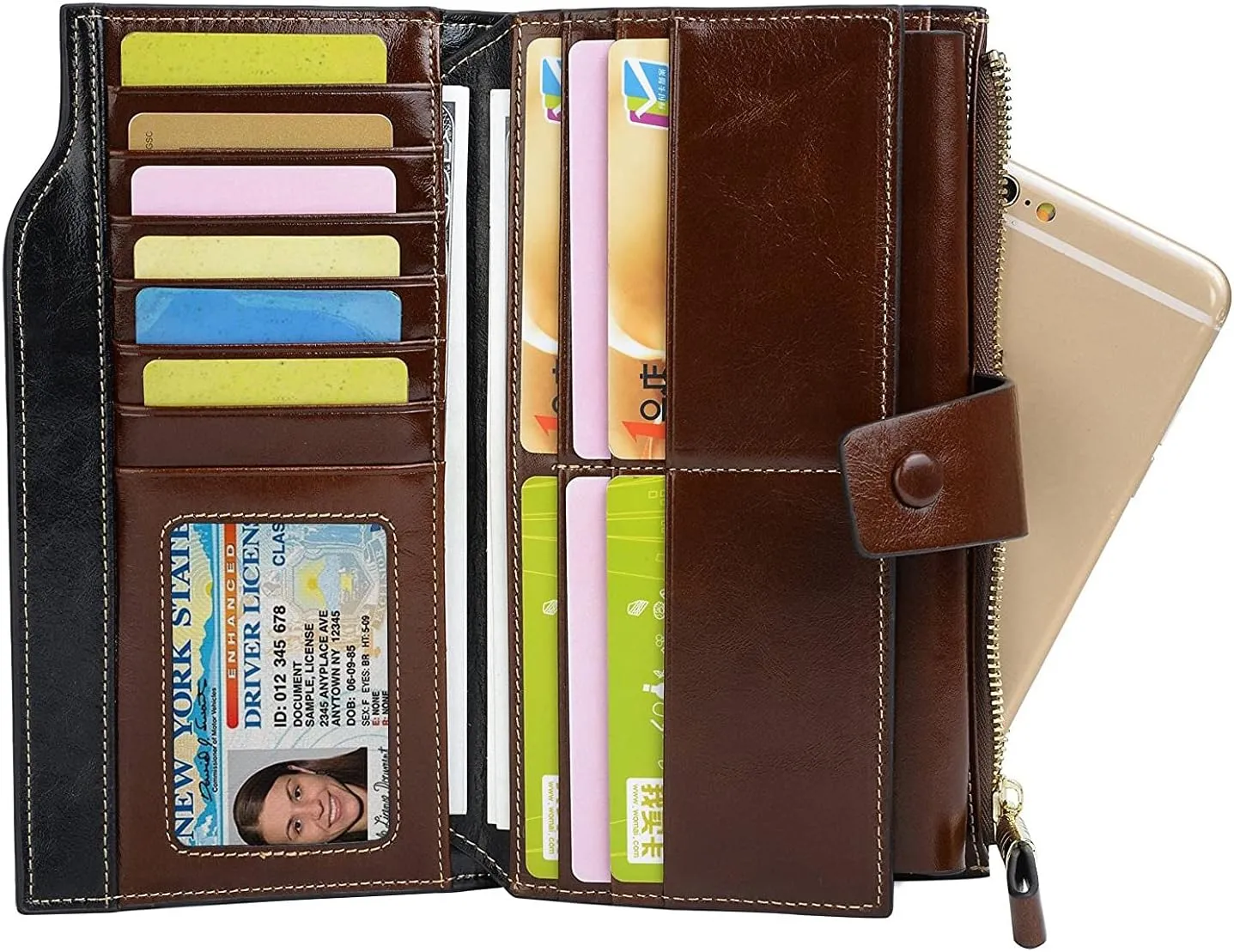 Women's RFID Blocking Wallet, Large Capacity Leather Bifold, 21 Card Slots, Snap Closure, Fits Phone, Card Holder