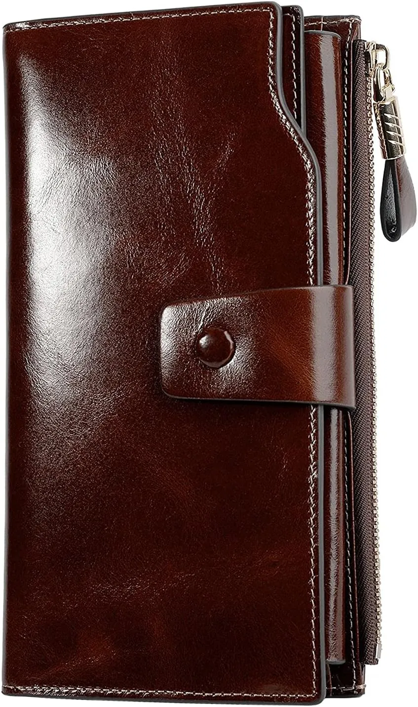 Women's RFID Blocking Wallet, Large Capacity Leather Bifold, 21 Card Slots, Snap Closure, Fits Phone, Card Holder