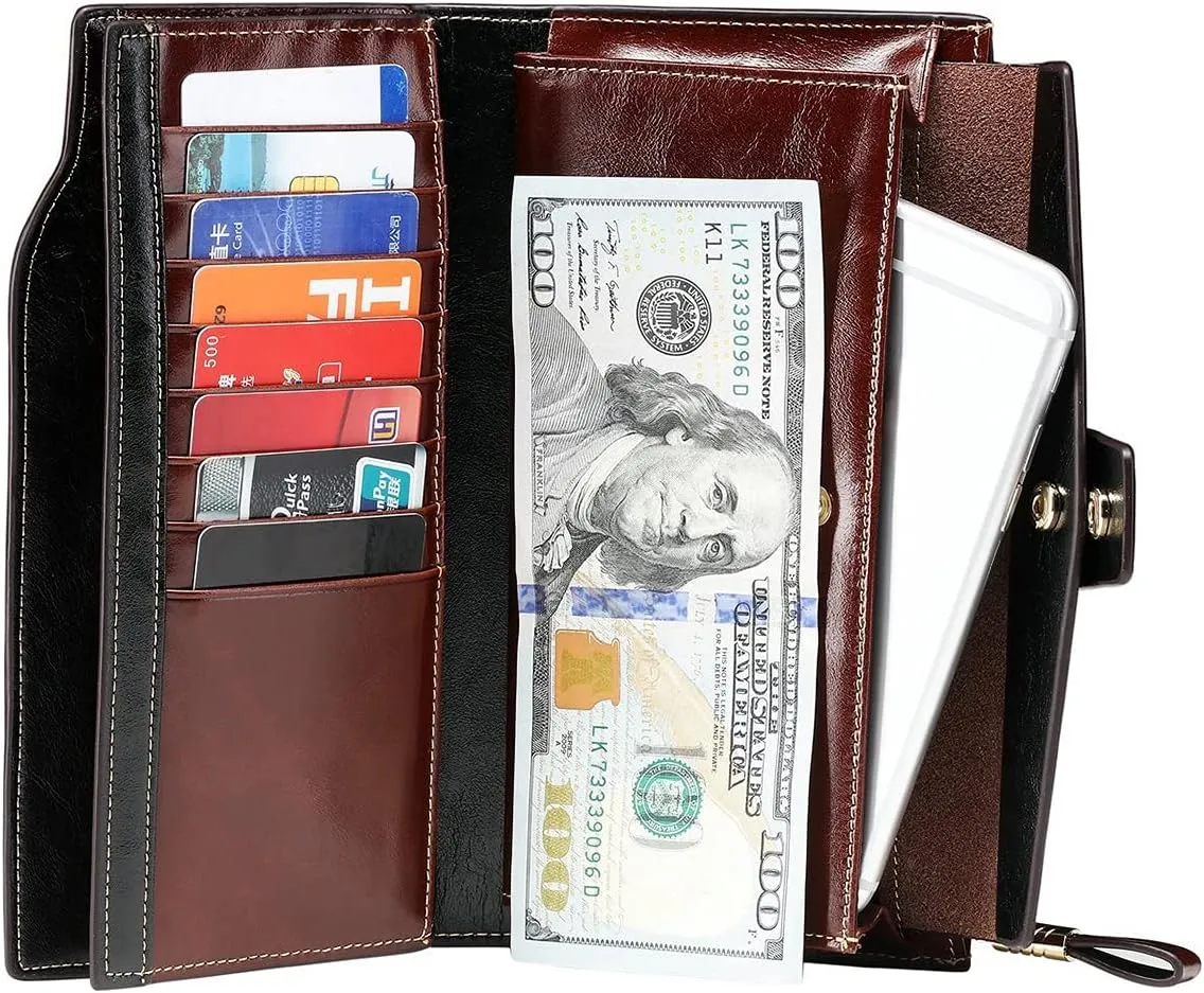 Women's RFID Blocking Wallet, Large Capacity Leather Bifold, 21 Card Slots, Snap Closure, Fits Phone, Card Holder