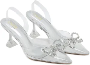 Women's Rhinestones Bow Clear Heels Slingback Pumps Fashion Comfort Closed Pointed Toe Kitten Heels Sandals for Wedding Party Dress Shoes