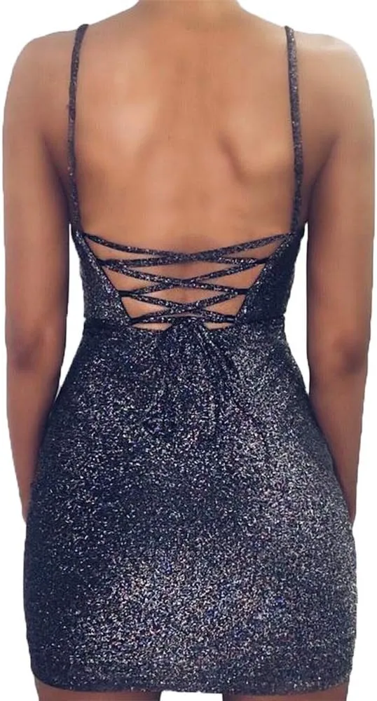 Women's Sexy Glitter Spagetti Straps Lace Up Back Bandage Bodycon Mini Club Party Dress