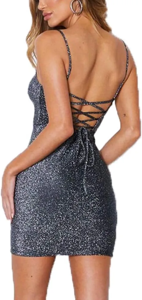 Women's Sexy Glitter Spagetti Straps Lace Up Back Bandage Bodycon Mini Club Party Dress
