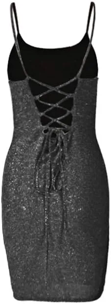 Women's Sexy Glitter Spagetti Straps Lace Up Back Bandage Bodycon Mini Club Party Dress