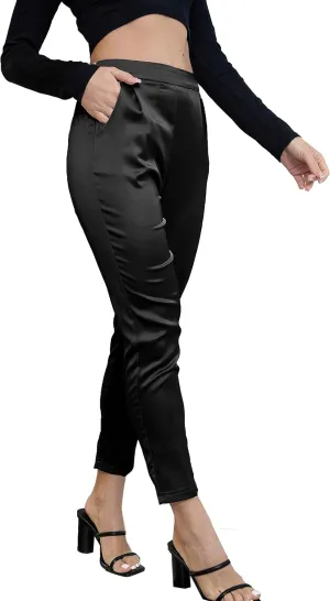 Women's Silky Satin Wedding Dressy Casual Elastic Waist Pants Party Club Wear Trousers