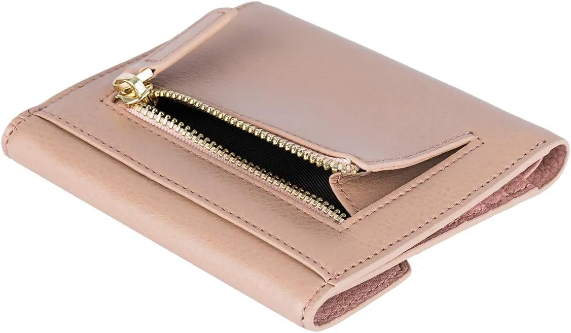 Women's Small Compact Bifold Pocket Wallet, Made of Finest Genuine Leather (Light Pink)