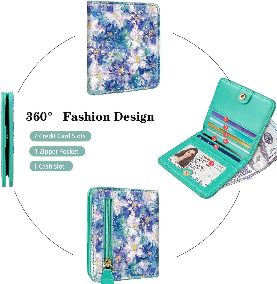 Womens Small RFID Blocking Wallet Compact Bifold Pocket Cute Credit Card Holder Leather Coin Slot Ladies Mini Purse with ID Window, Blue Flowers