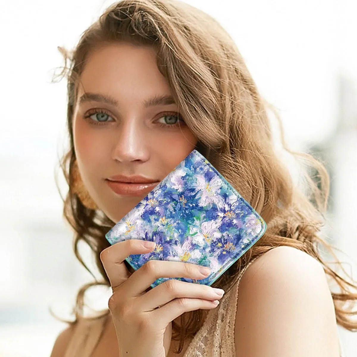 Womens Small RFID Blocking Wallet Compact Bifold Pocket Cute Credit Card Holder Leather Coin Slot Ladies Mini Purse with ID Window, Blue Flowers