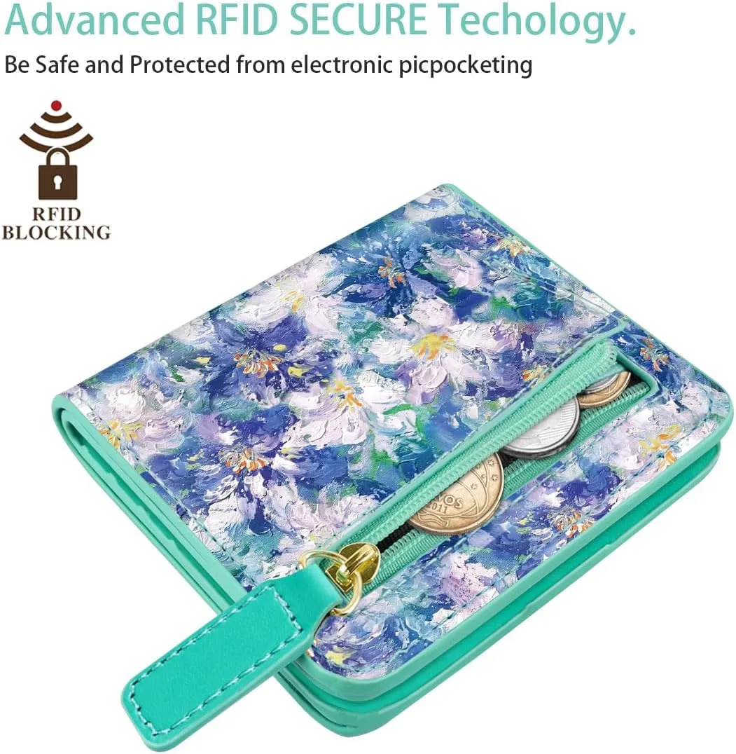 Womens Small RFID Blocking Wallet Compact Bifold Pocket Cute Credit Card Holder Leather Coin Slot Ladies Mini Purse with ID Window, Blue Flowers