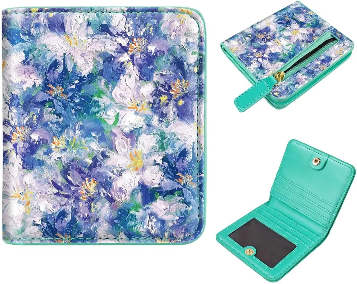 Womens Small RFID Blocking Wallet Compact Bifold Pocket Cute Credit Card Holder Leather Coin Slot Ladies Mini Purse with ID Window, Blue Flowers