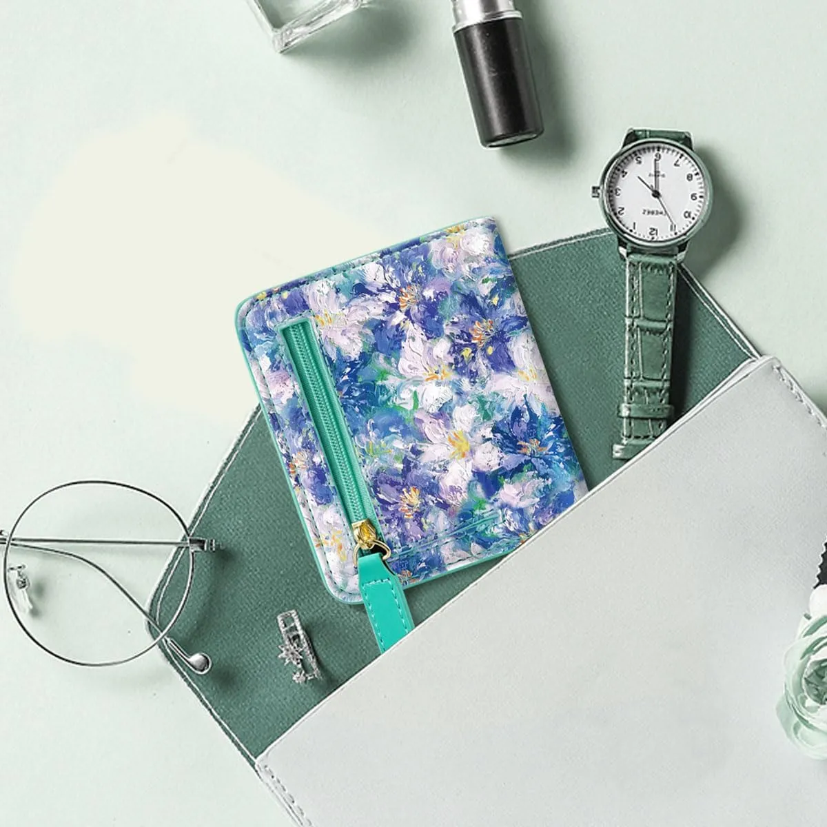 Womens Small RFID Blocking Wallet Compact Bifold Pocket Cute Credit Card Holder Leather Coin Slot Ladies Mini Purse with ID Window, Blue Flowers