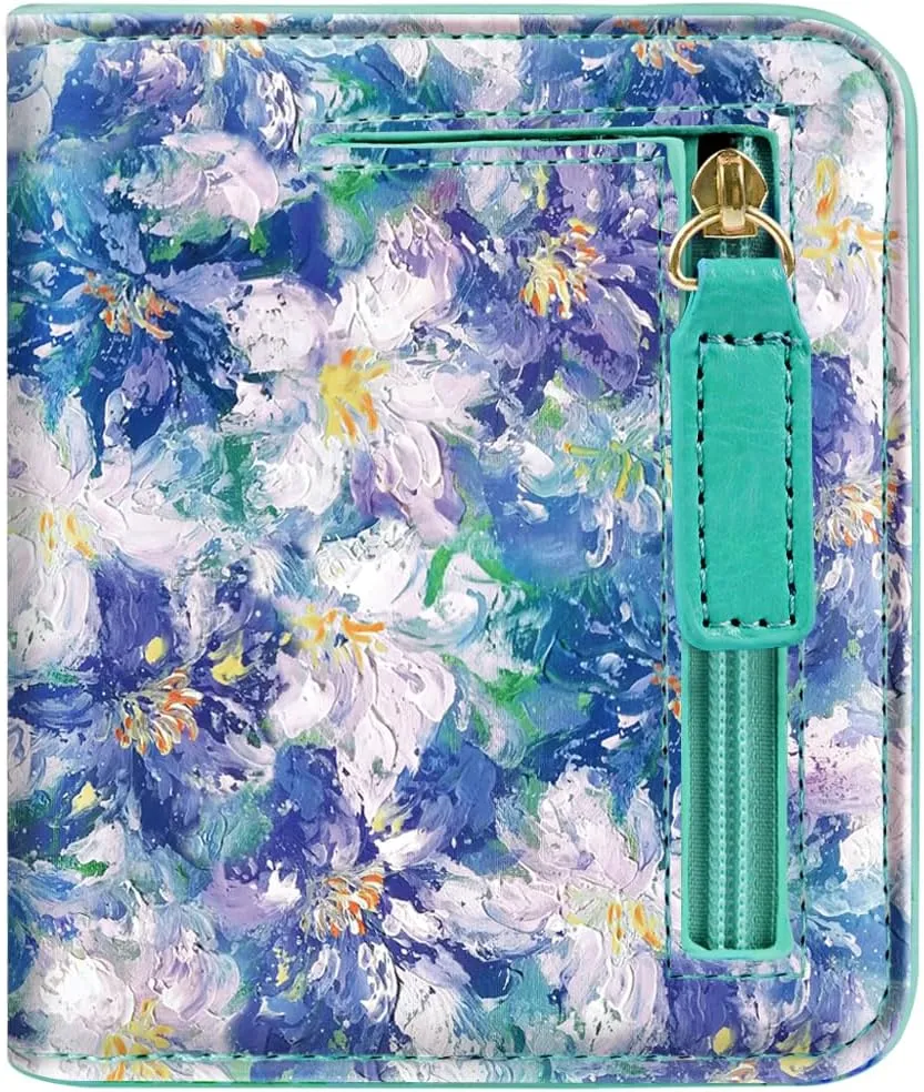 Womens Small RFID Blocking Wallet Compact Bifold Pocket Cute Credit Card Holder Leather Coin Slot Ladies Mini Purse with ID Window, Blue Flowers