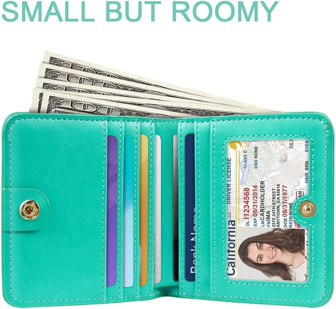 Womens Small RFID Blocking Wallet Compact Bifold Pocket Cute Credit Card Holder Leather Coin Slot Ladies Mini Purse with ID Window, Blue Flowers
