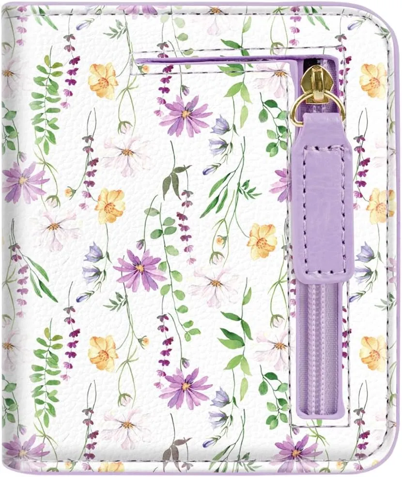 Womens Small RFID Blocking Wallet Compact Bifold Pocket Cute Credit Card Holder Leather Coin Slot Ladies Mini Purse with ID Window, White Daisy