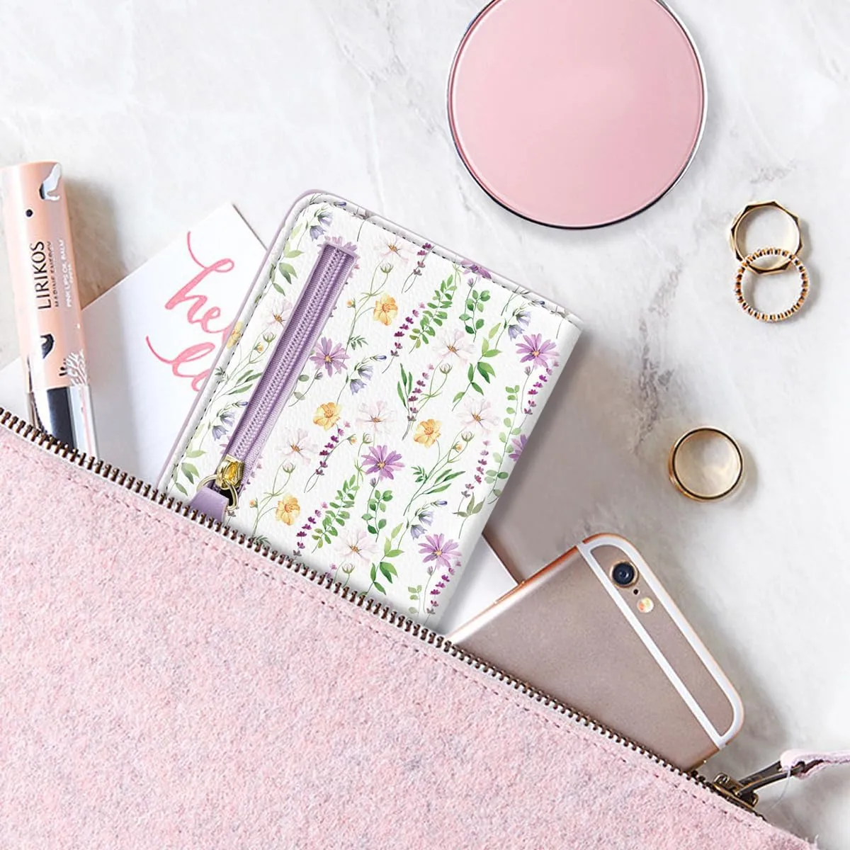 Womens Small RFID Blocking Wallet Compact Bifold Pocket Cute Credit Card Holder Leather Coin Slot Ladies Mini Purse with ID Window, White Daisy