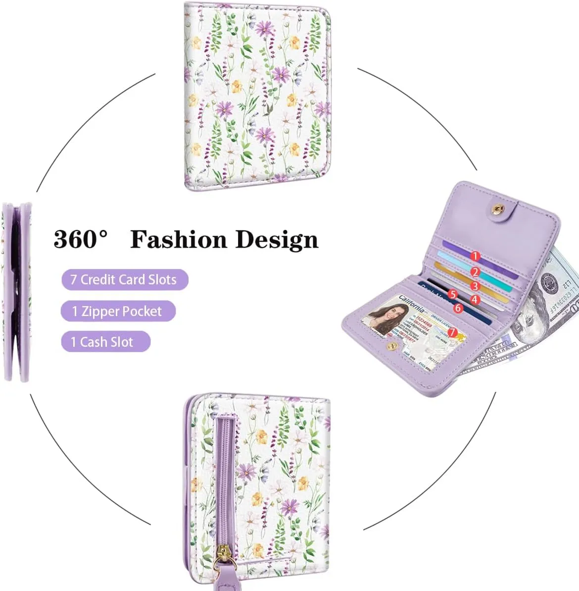 Womens Small RFID Blocking Wallet Compact Bifold Pocket Cute Credit Card Holder Leather Coin Slot Ladies Mini Purse with ID Window, White Daisy