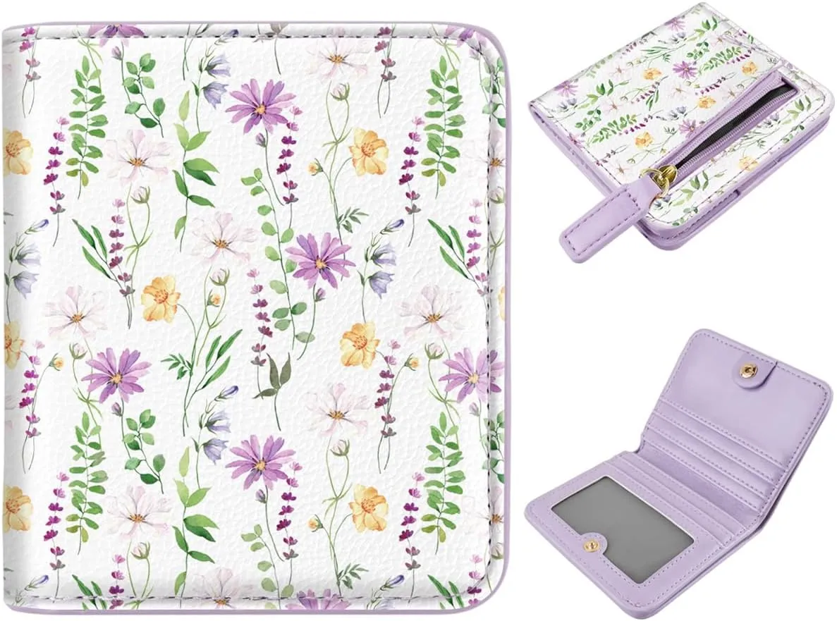 Womens Small RFID Blocking Wallet Compact Bifold Pocket Cute Credit Card Holder Leather Coin Slot Ladies Mini Purse with ID Window, White Daisy