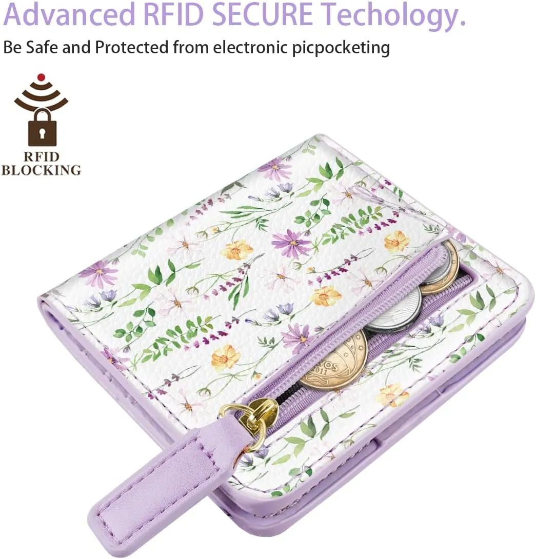 Womens Small RFID Blocking Wallet Compact Bifold Pocket Cute Credit Card Holder Leather Coin Slot Ladies Mini Purse with ID Window, White Daisy