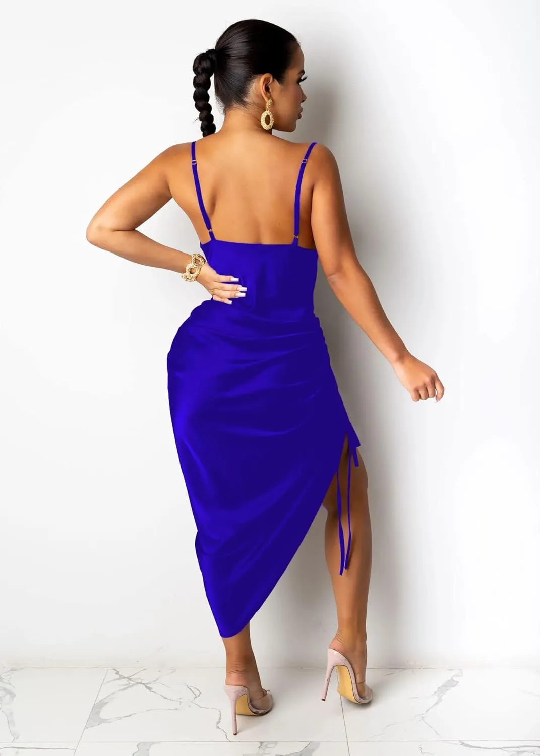 Women's Spaghetti Strap Satin Dress Sexy Backless Drawstring Ruched Split Hem Cocktail Evening Party