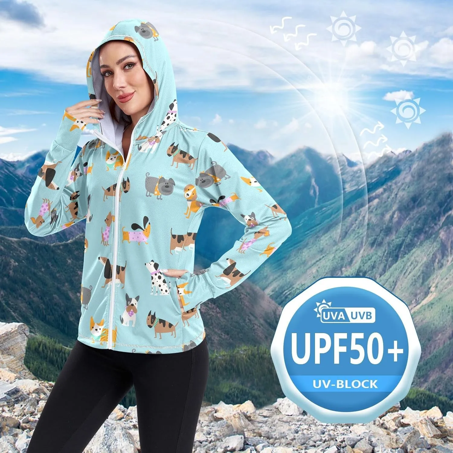 Women'S UPF 50  Uv Sun Protection Clothing Cute Animals Zipper Jacket Long-Sleeved Hoodie
