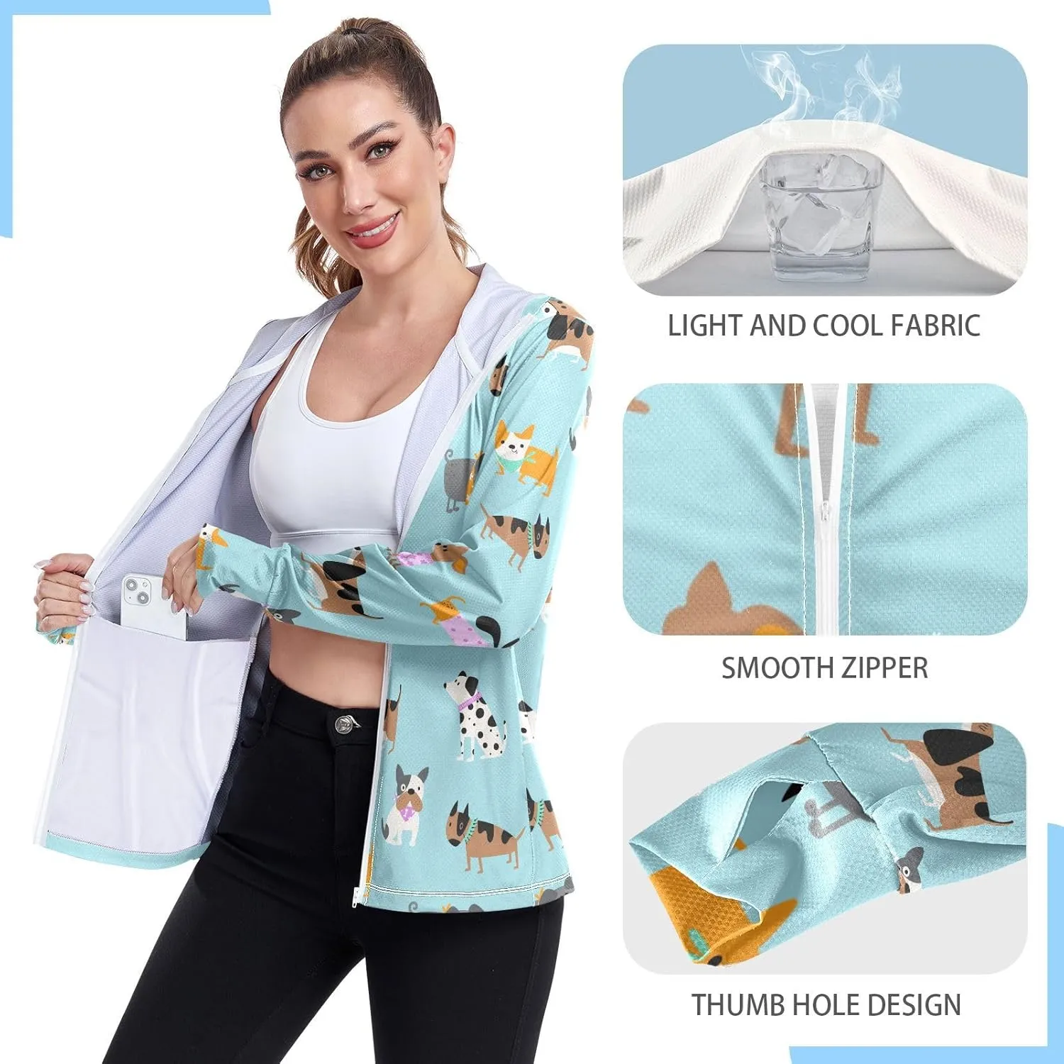 Women'S UPF 50  Uv Sun Protection Clothing Cute Animals Zipper Jacket Long-Sleeved Hoodie