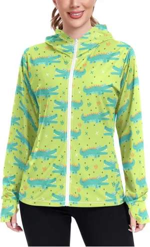 Women'S UPF 50  Uv Sun Protection Clothing Cute Crocodile Zipper Jacket Long-Sleeved Hoodie