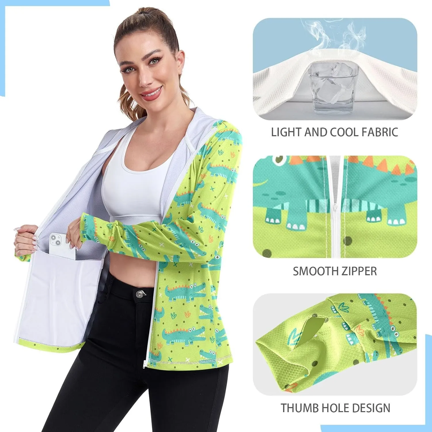 Women'S UPF 50  Uv Sun Protection Clothing Cute Crocodile Zipper Jacket Long-Sleeved Hoodie