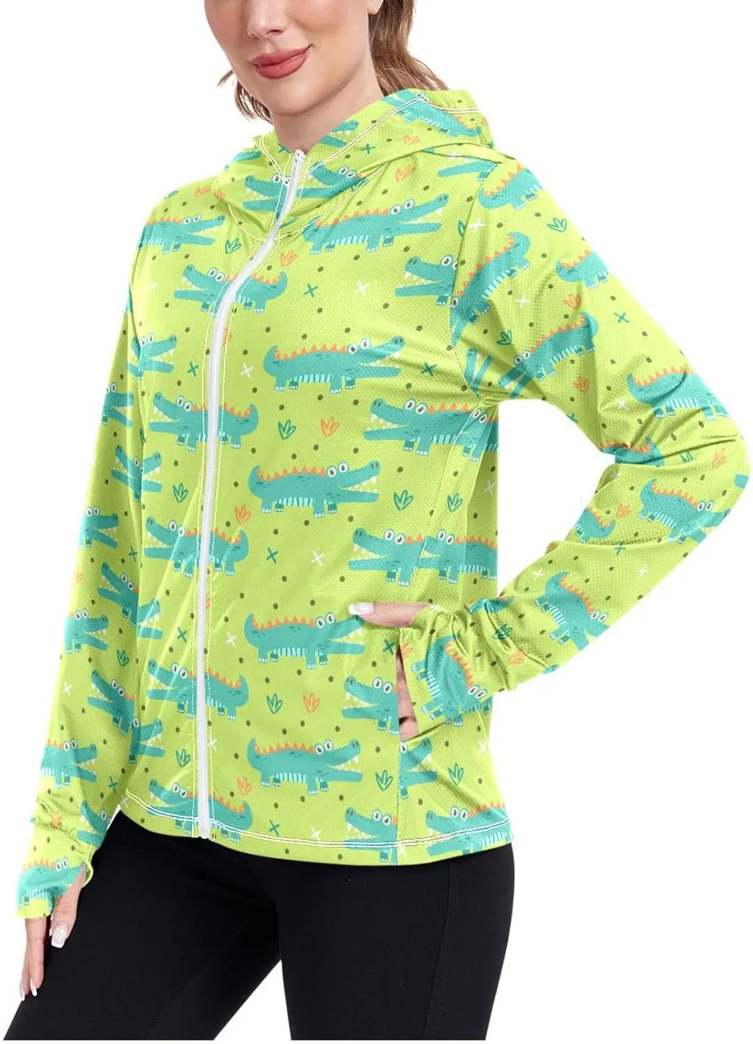 Women'S UPF 50  Uv Sun Protection Clothing Cute Crocodile Zipper Jacket Long-Sleeved Hoodie