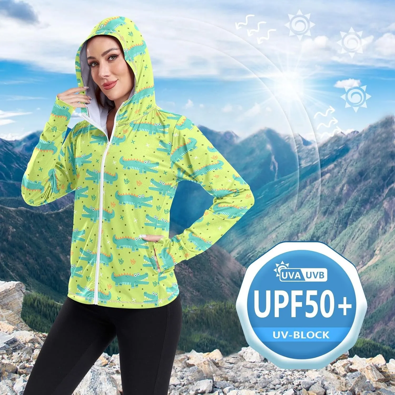 Women'S UPF 50  Uv Sun Protection Clothing Cute Crocodile Zipper Jacket Long-Sleeved Hoodie