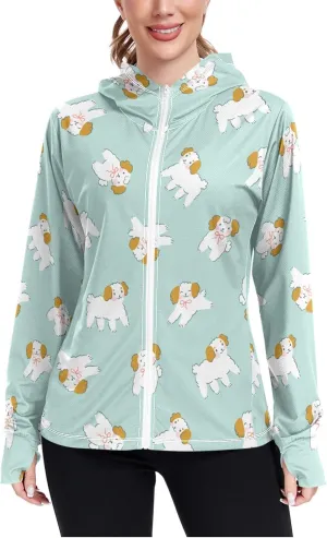 Women'S UPF 50  Uv Sun Protection Clothing Cute Dog Zipper Jacket Long-Sleeved Hoodie