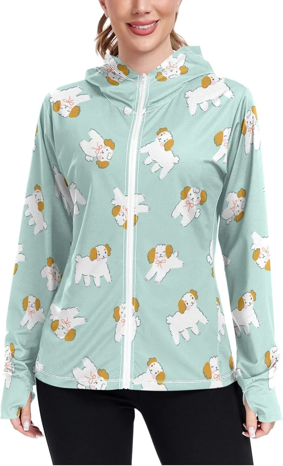 Women'S UPF 50  Uv Sun Protection Clothing Cute Dog Zipper Jacket Long-Sleeved Hoodie