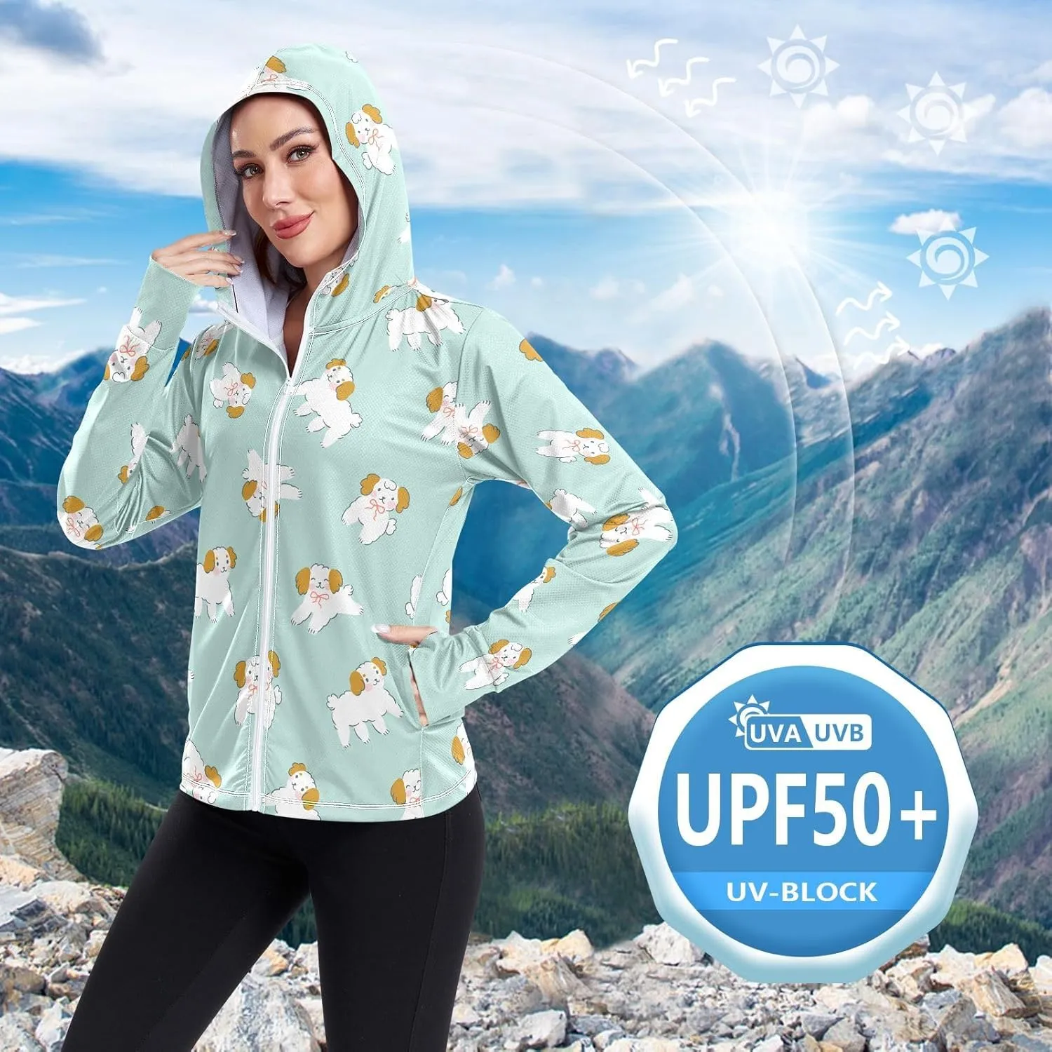 Women'S UPF 50  Uv Sun Protection Clothing Cute Dog Zipper Jacket Long-Sleeved Hoodie