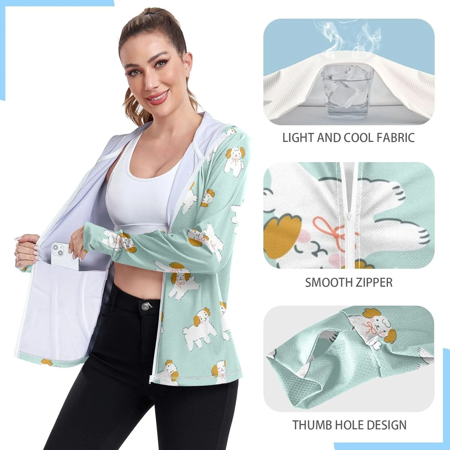 Women'S UPF 50  Uv Sun Protection Clothing Cute Dog Zipper Jacket Long-Sleeved Hoodie