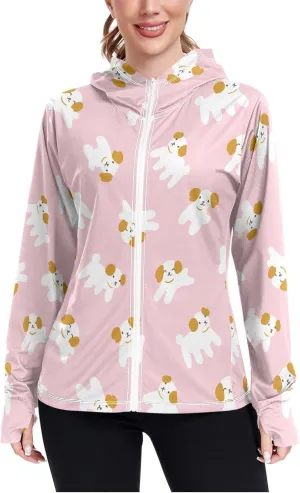Women'S UPF 50  Uv Sun Protection Clothing Cute Dog Zipper Jacket Long-Sleeved Hoodie