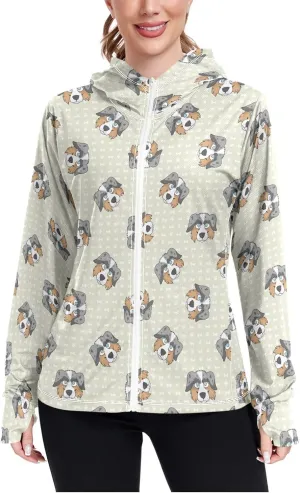 Women'S UPF 50  Uv Sun Protection Clothing Cute Sheepdog Zipper Jacket Long-Sleeved Hoodie