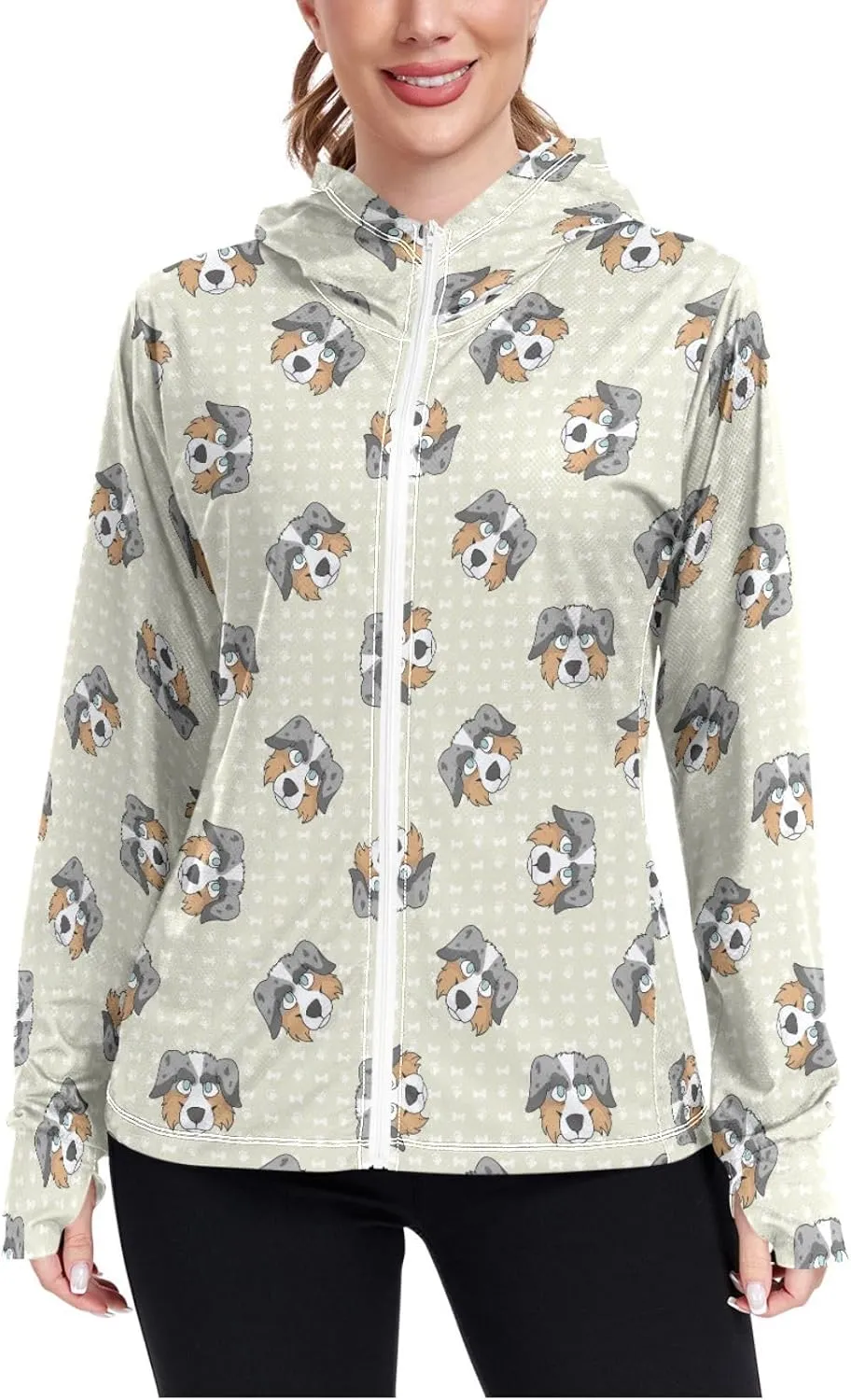 Women'S UPF 50  Uv Sun Protection Clothing Cute Sheepdog Zipper Jacket Long-Sleeved Hoodie