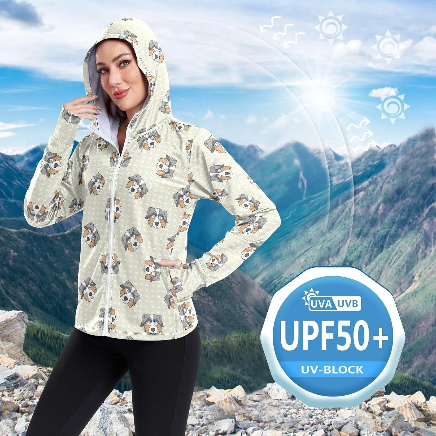 Women'S UPF 50  Uv Sun Protection Clothing Cute Sheepdog Zipper Jacket Long-Sleeved Hoodie