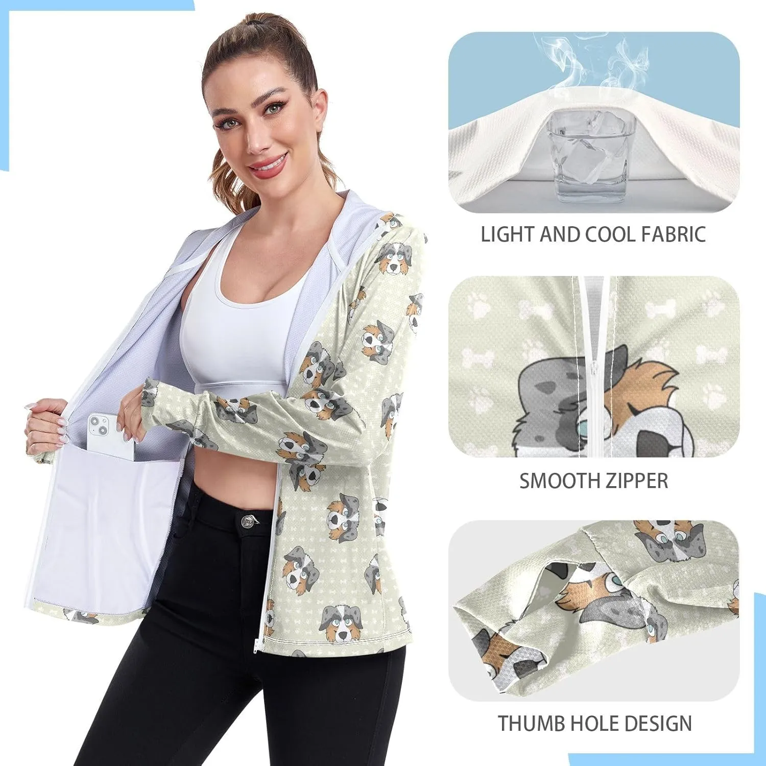 Women'S UPF 50  Uv Sun Protection Clothing Cute Sheepdog Zipper Jacket Long-Sleeved Hoodie