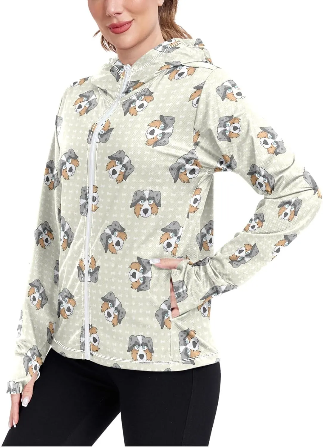 Women'S UPF 50  Uv Sun Protection Clothing Cute Sheepdog Zipper Jacket Long-Sleeved Hoodie
